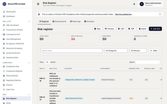 Risk register screenshot