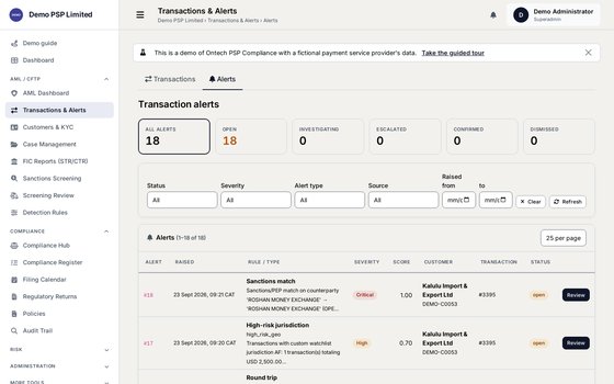 Transaction alerts screenshot